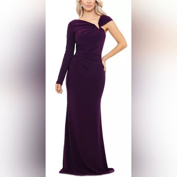 Betsy & Adam Asymmetric Ruched Jersey Gown NWT Size 6 Burgandy - Picture 1 of 6